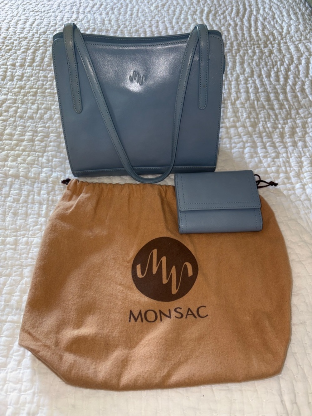 BNWOT Vintage Monsac Slate Blue Leather Shoulder Bag with Matching Wallet